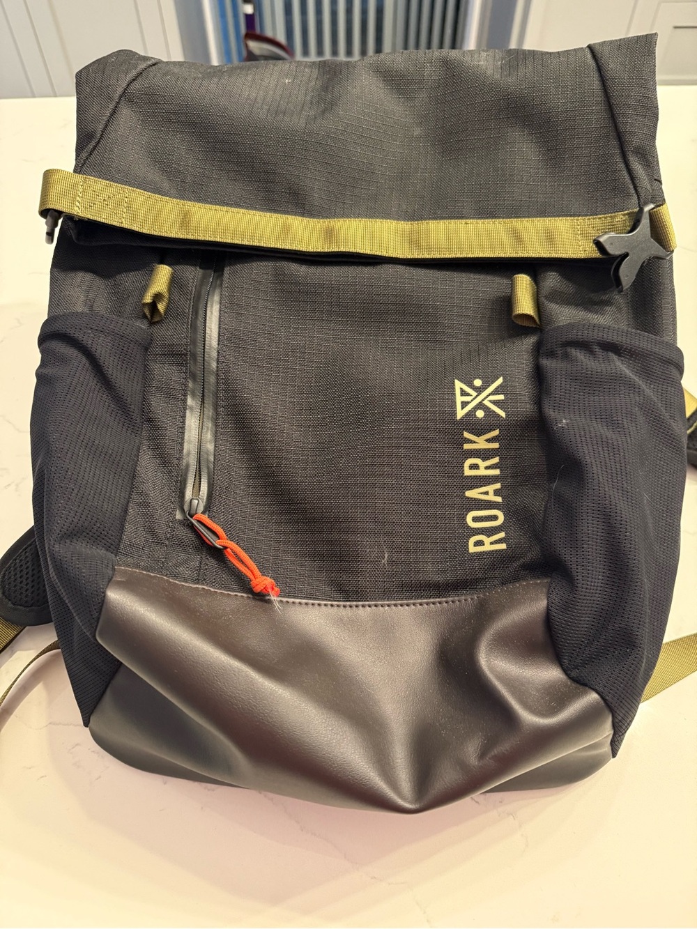 Roark Black Backpack with Olive Accents and Brown Base